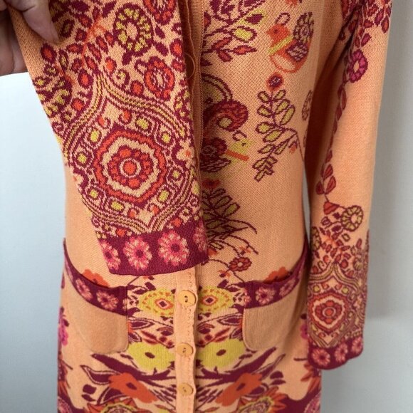 KOOI Knitwear Sz M Orange Red Floral Long Cardigan Artsy Boho Retro Festival Hip - Picture 4 of 13